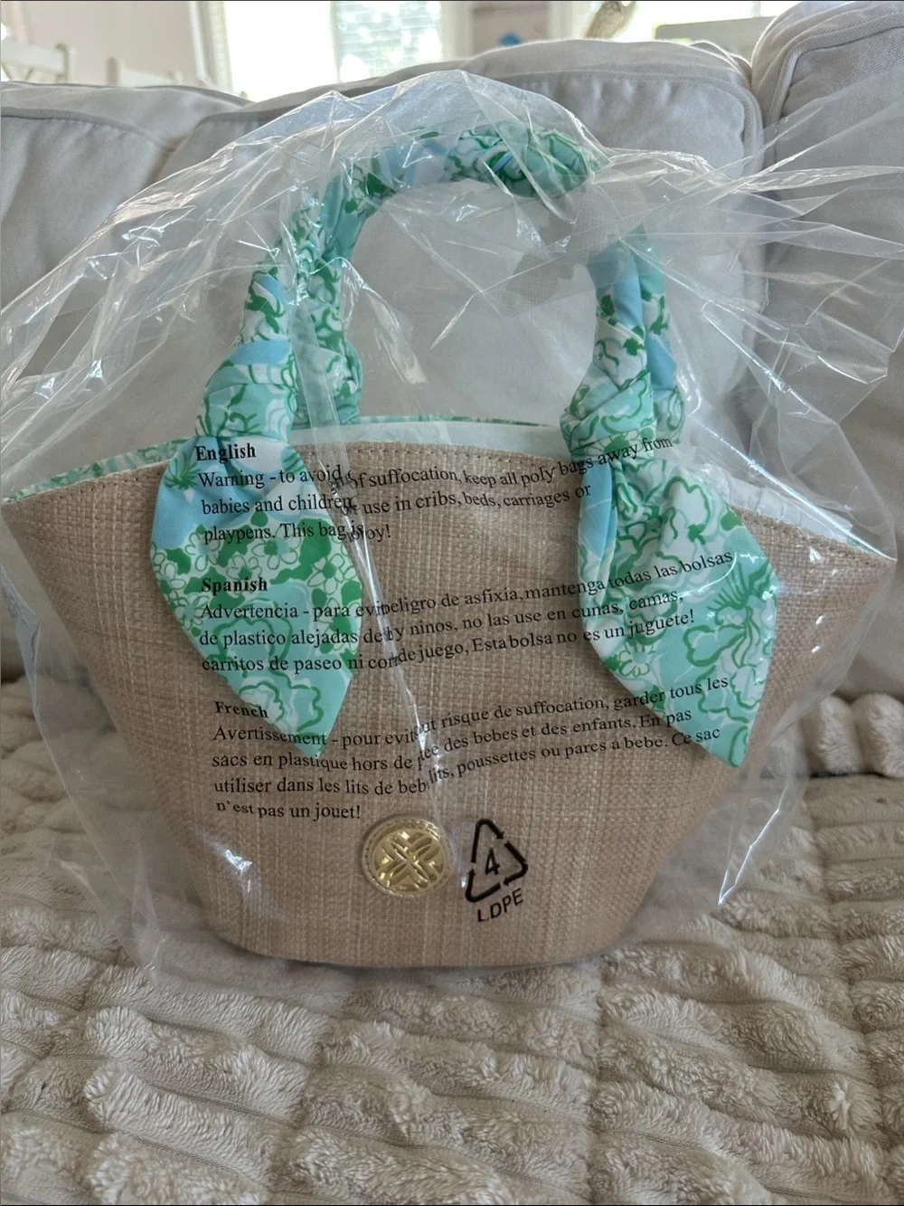 NWT Lilly Pulitzer Straw Bag "Burst of Joy" scarf wrapped gold handles - Picture 4 of 11